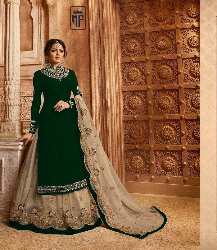 Green Georgette Embroidered Ghaghra Style Salwar Suit with Heavy Net Dupatta For Girls & Womens