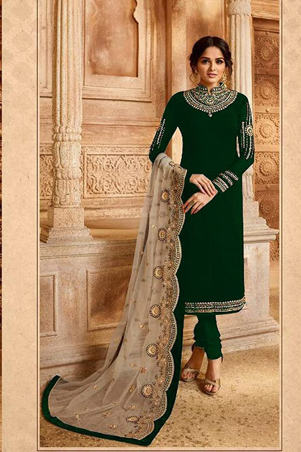 Green Georgette Embroidered Ghaghra Style Salwar Suit with Heavy Net Dupatta For Girls & Womens