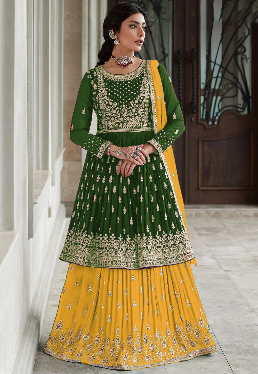 Wne Indian Pakistani traditional rich look lehenga type georgette salwar kameez suit for women with dupatta