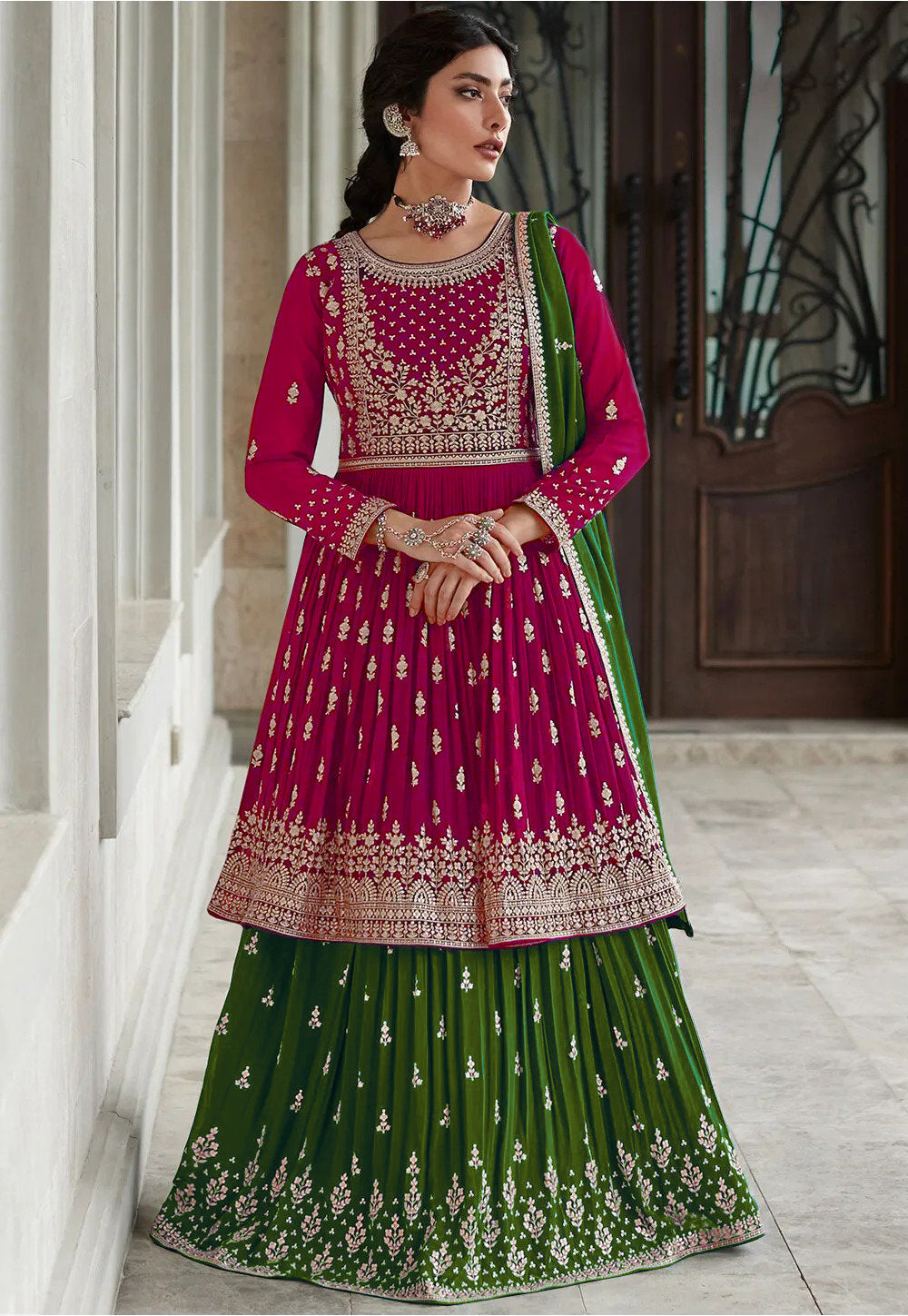 Green Indian Pakistani traditional rich look lehenga type georgette salwar kameez suit for women with dupatta