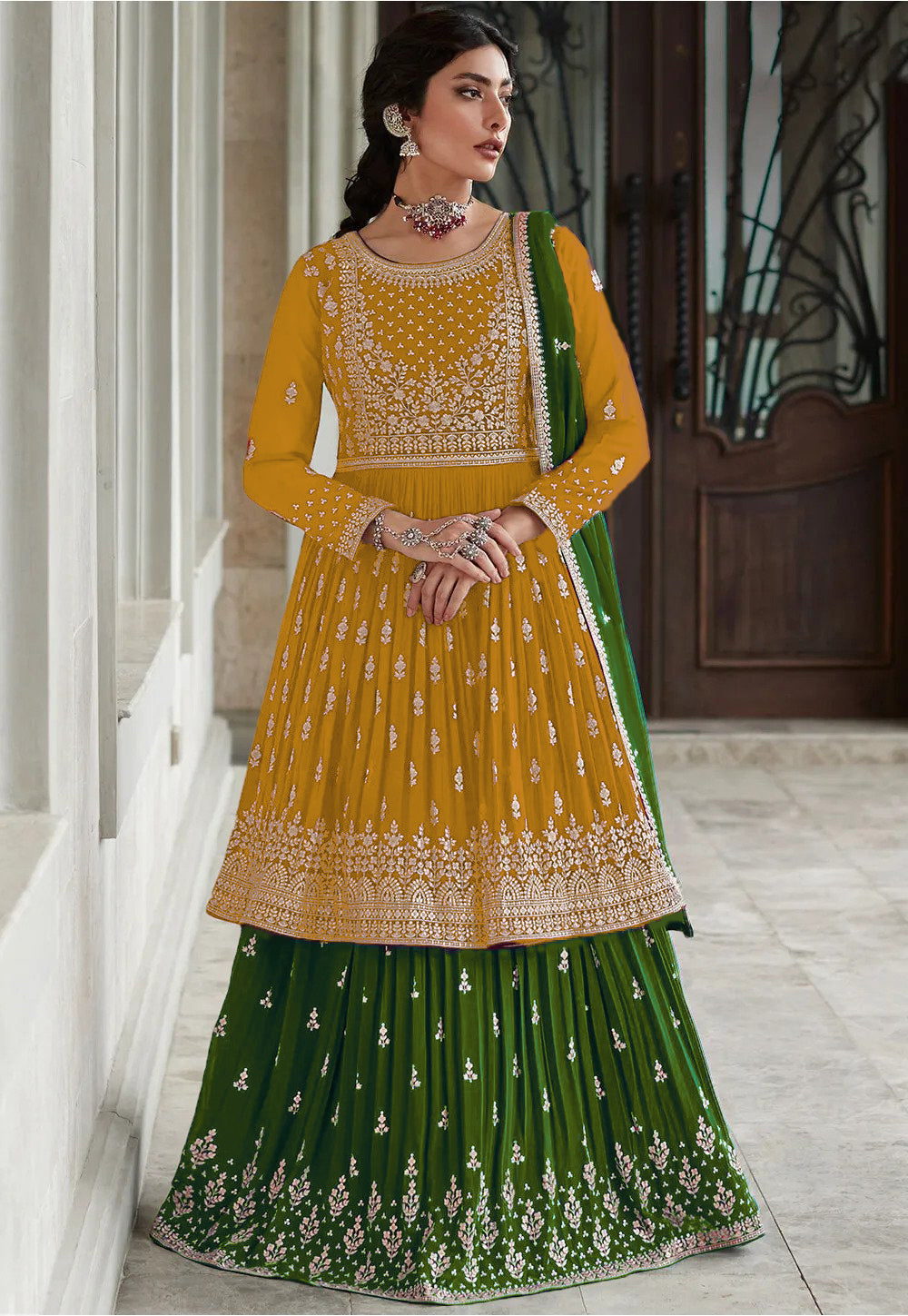 Green Indian Pakistani traditional rich look lehenga type georgette salwar kameez suit for women with dupatta