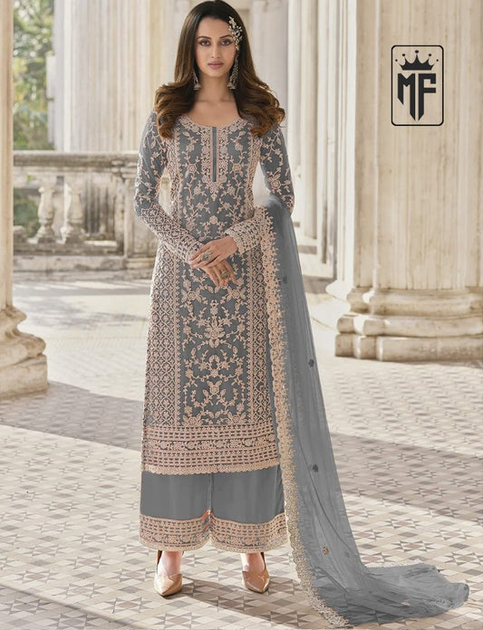 Grey  Designer Collection Salwar Kameez Anarkali Sharara Suits Butterfly Net Ready to Wear Reception Wear Dress