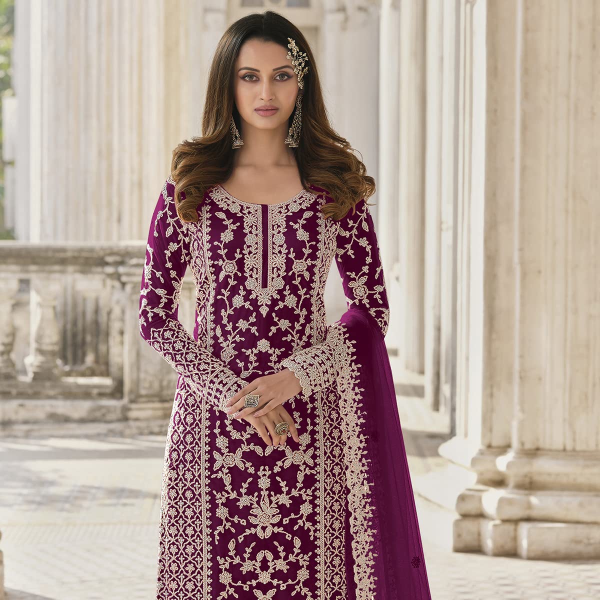 Wine Designer Collection Salwar Kameez Anarkali Sharara Suits Butterfly Net Ready to Wear Reception Wear Dress