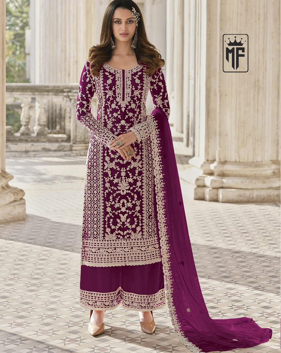 Wine Designer Collection Salwar Kameez Anarkali Sharara Suits Butterfly Net Ready to Wear Reception Wear Dress