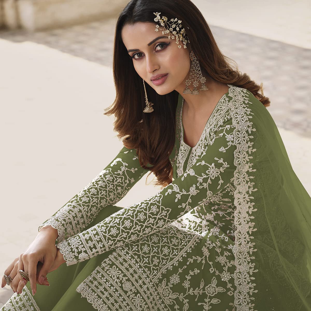 Green Designer Collection Salwar Kameez Anarkali Sharara Suits Butterfly Net Ready to Wear Reception Wear Dress