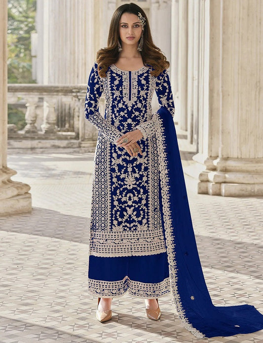 Blue Designer Collection Salwar Kameez Anarkali Sharara Suits Butterfly Net Ready to Wear Reception Wear Dress