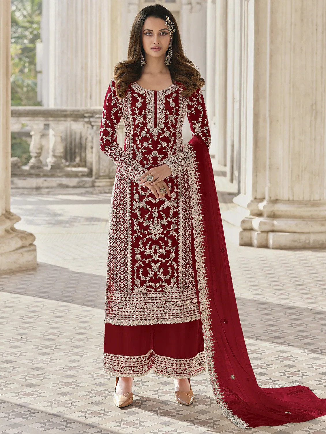 Wine Designer Collection Salwar Kameez Anarkali Sharara Suits Butterfly Net Ready to Wear Reception Wear Dress