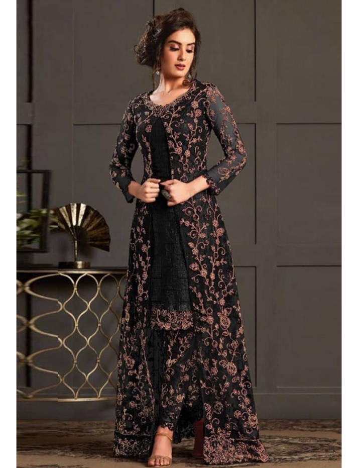 Womens Black Wedding Wear Coding Sequence Fancy Glitter Embroidered Work Butterfly Net Indo Western Suit