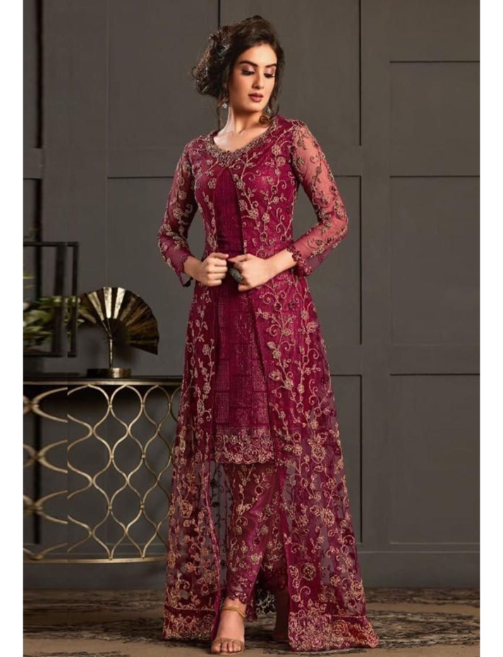 Womens Wine Wedding Wear Coding Sequence Fancy Glitter Embroidered Work Butterfly Net Indo Western Suit