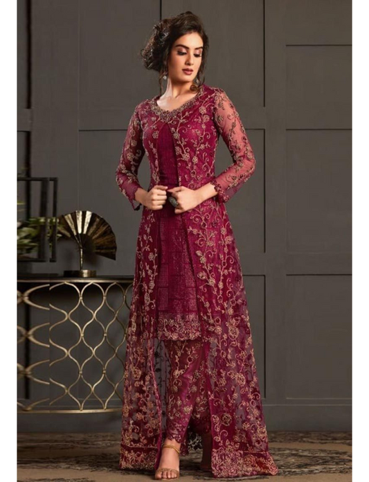 Womens Wine Wedding Wear Coding Sequence Fancy Glitter Embroidered Work Butterfly Net Indo Western Suit