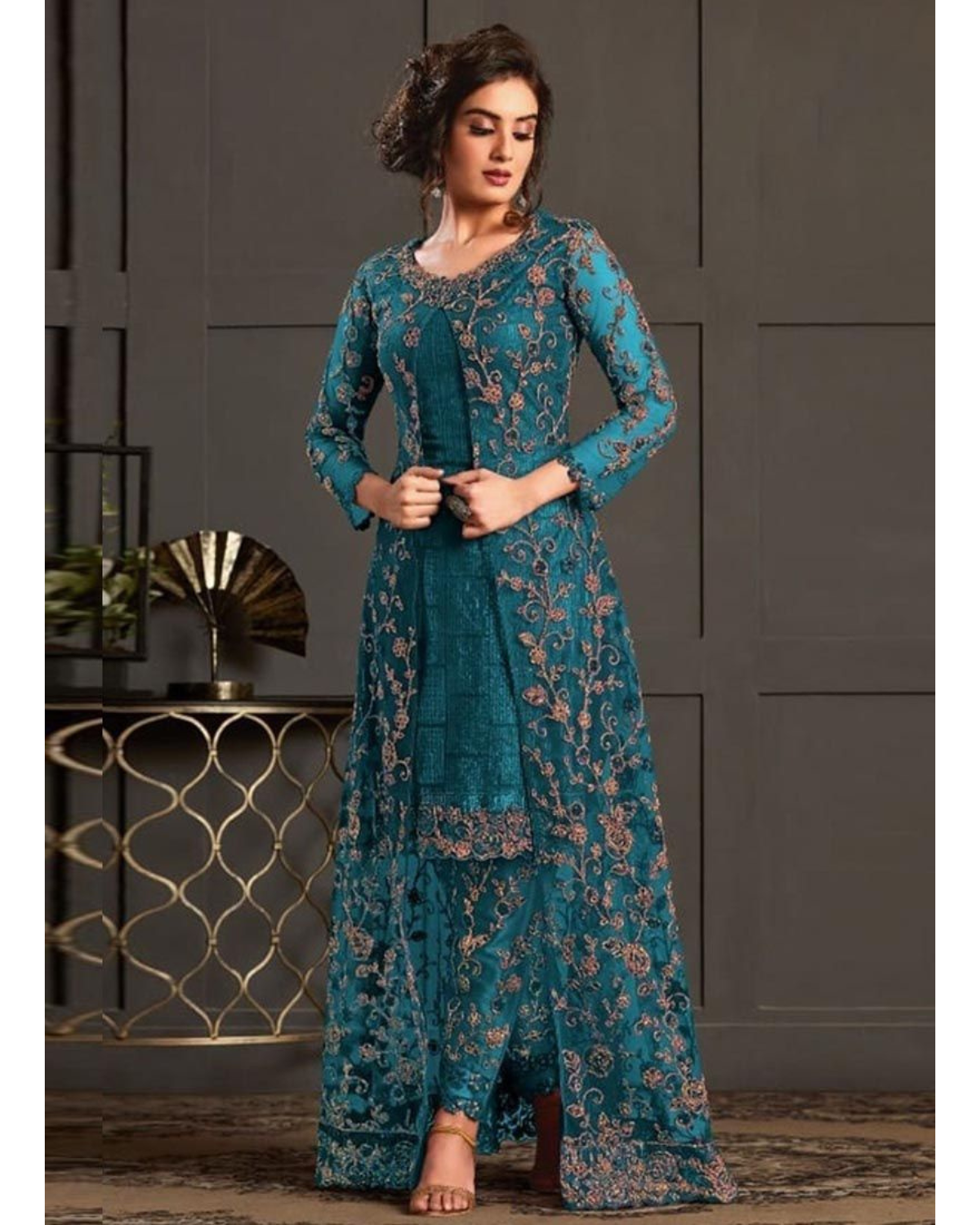 Womens Rama Wedding Wear Coding Sequence Fancy Glitter Embroidered Work Butterfly Net Indo Western Suit