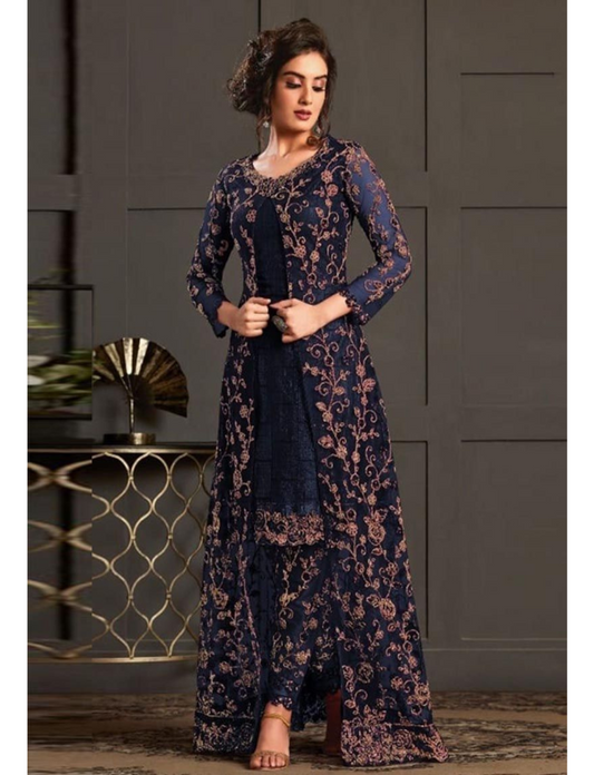 Womens Blue Wedding Wear Coding Sequence Fancy Glitter Embroidered Work Butterfly Net Indo Western Suit