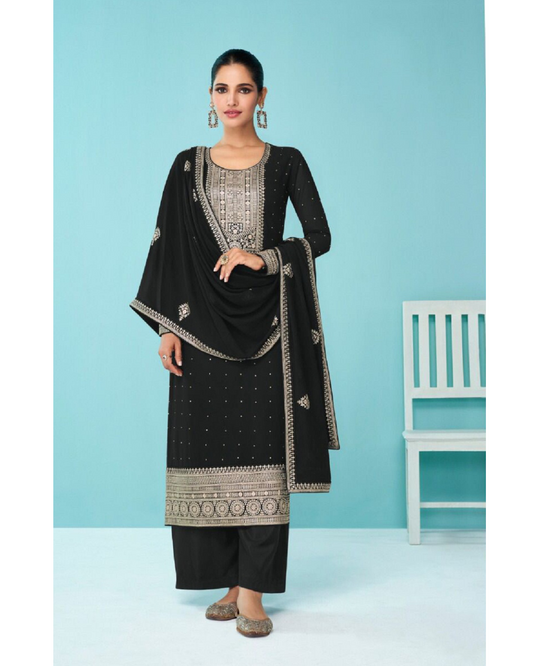 Black Heavy Fux Gorgette With Sequence Embroidery Work Semi-Stitched Straight Dress Material For Womens