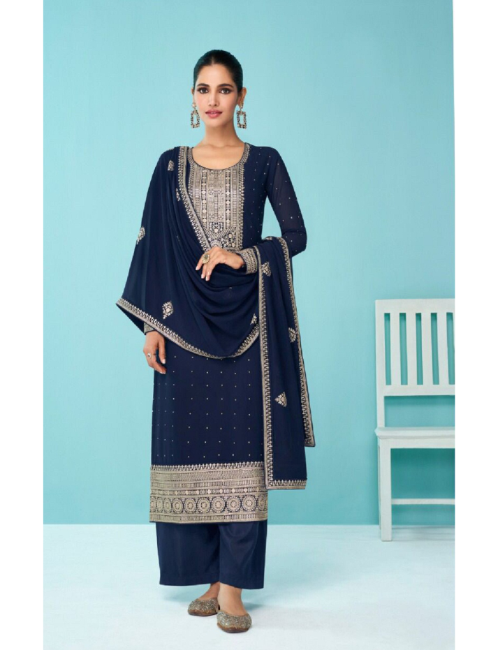 Rama Heavy Fux Gorgette With Sequence Embroidery Work Semi-Stitched Straight Dress Material For Womens