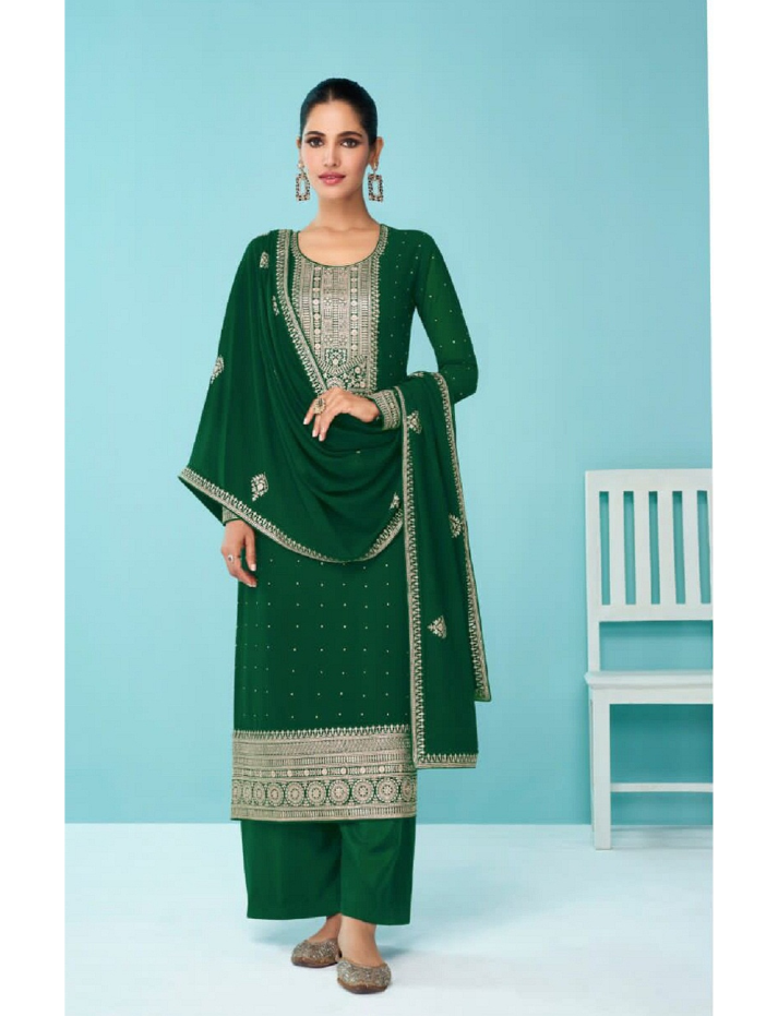 Green  Heavy Fux Gorgette With Sequence Embroidery Work Semi-Stitched Straight Dress Material For Womens