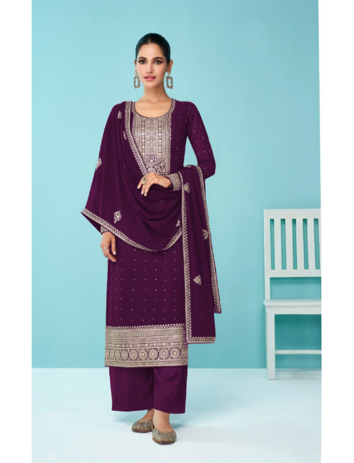 Maroon  Heavy Fux Gorgette With Sequence Embroidery Work Semi-Stitched Straight Dress Material For Womens