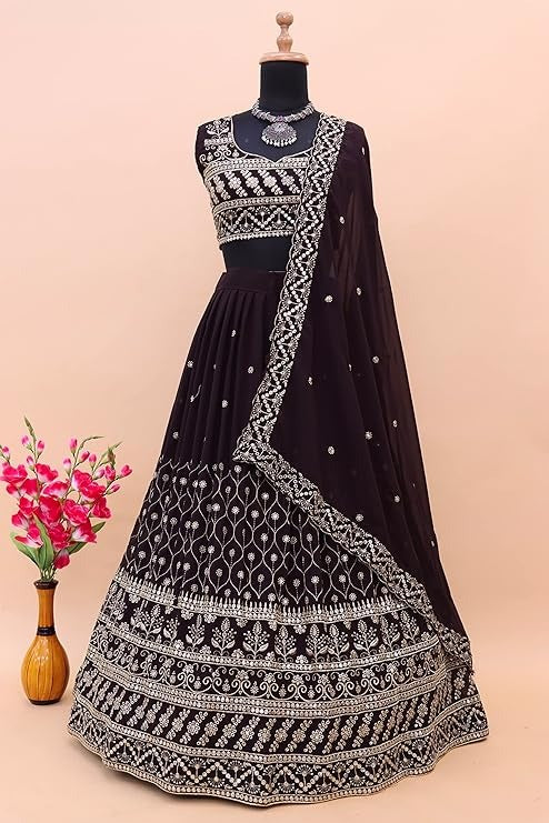 Women's Fancy Embroidery Georgette Silk Woven Desing Sleeveless Semi-Stitched FreeSize Lehengha Choli