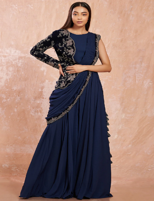 New Blue Super Trending Embroidery cording work ready to wear saree with half koti Blouse