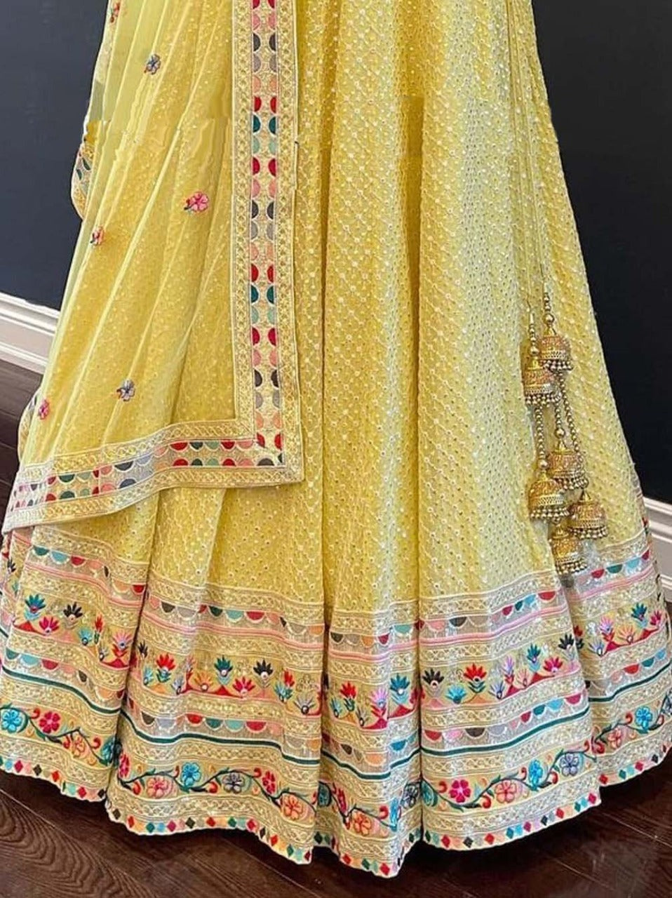 Haldi Special Faux GeorgetteEmbroidered Multi Thread Work Yellow Lehenga For Bride