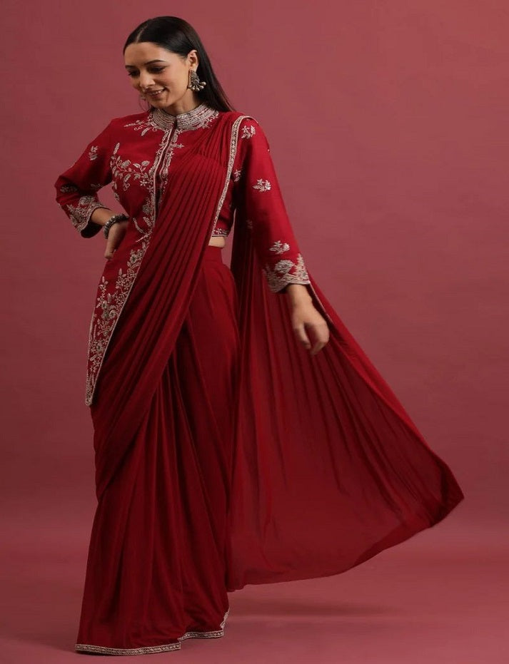 Red Ready-to-Wear Function Wear saree with designer Full Coti Embroidered blouse