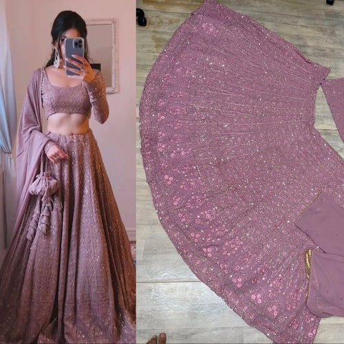 Light Purple Color Party Wear Lucknowi Work Designer Georgette Lehenga