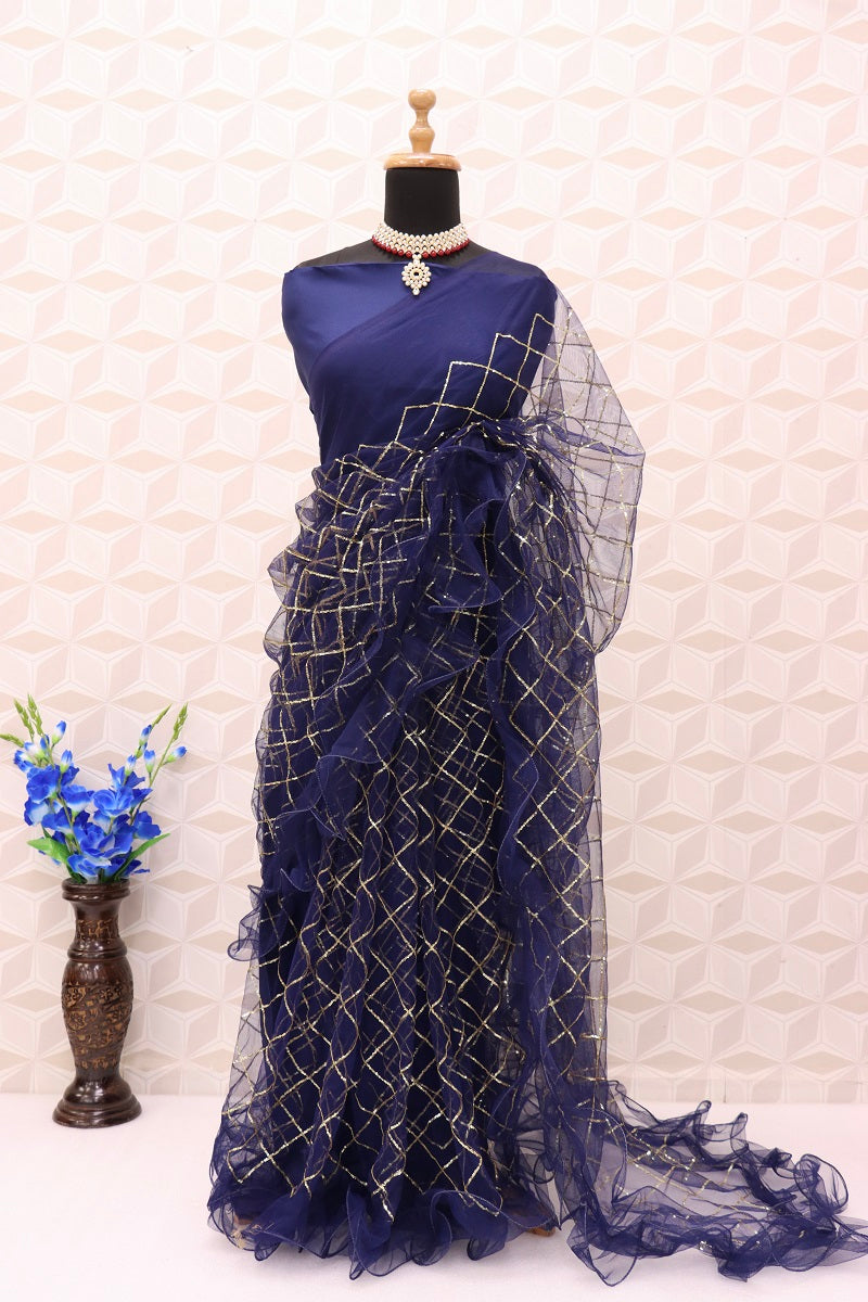 Blue Glamorous Sequins Work Indian Saree For Weddings Reception Cocktail Party Wear, Ready To Wear Pre Stitched Saree For Women