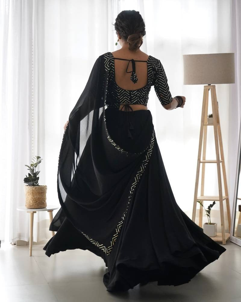 BLACK PURE SOFT FOX GEORGETTE FABRIC LEHENGHA CHOLI FULLY STITCHED, WITH FANCY DESIGNER BLOUSE FULLY STITCHED WITH DUPATTA