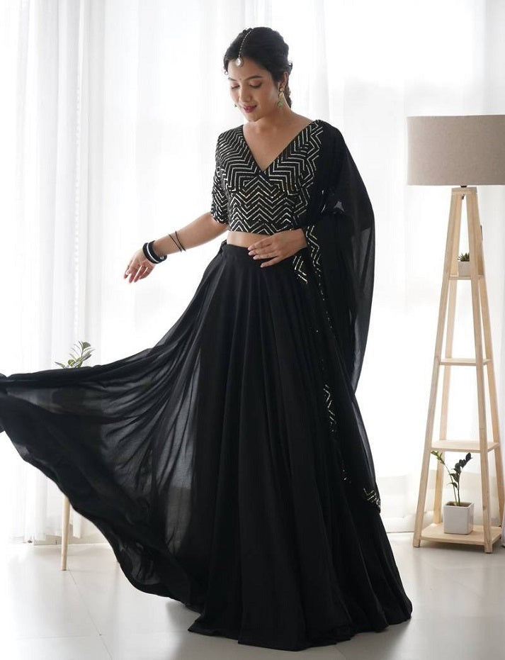 BLACK PURE SOFT FOX GEORGETTE FABRIC LEHENGHA CHOLI FULLY STITCHED, WITH FANCY DESIGNER BLOUSE FULLY STITCHED WITH DUPATTA