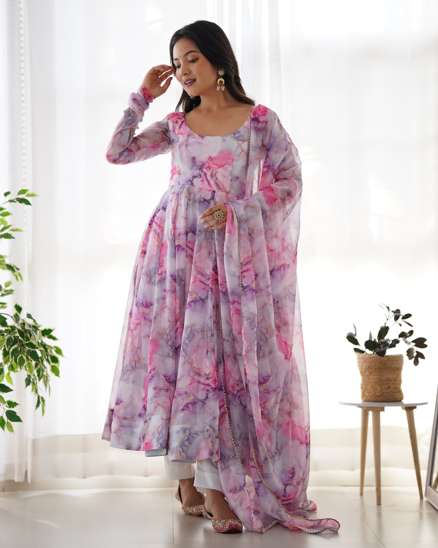 Pink Floral Print Anarkali Kurta with Pant and Dupatta Set Anarkali Kurti for Women