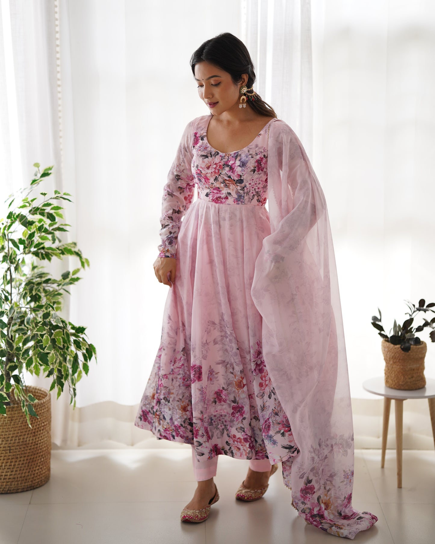 Pink Pure Soft Organza Anarkali Suit Set With Huge Flair, Dupatta & Pant