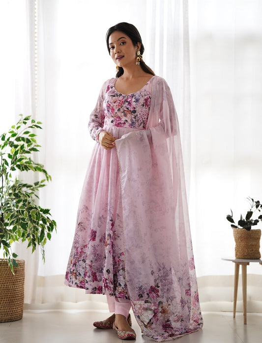 Pink Pure Soft Organza Anarkali Suit Set With Huge Flair, Dupatta & Pant