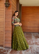 Women's Mehendi Color Faux Georgette Embroidery Sequence Work Lehenga Blouse With Jacket Set