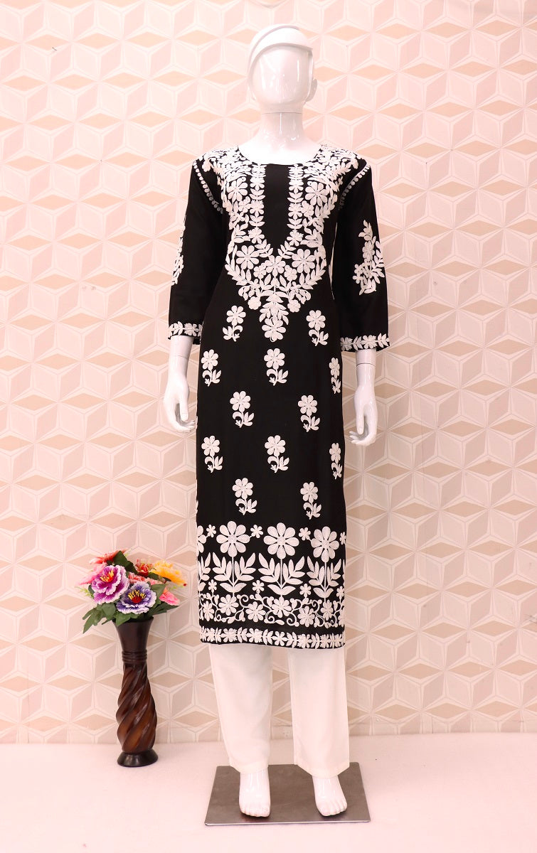 Women's Black Regular Fit Chain Stitch Work Cotton Kurti Top and Pant Set