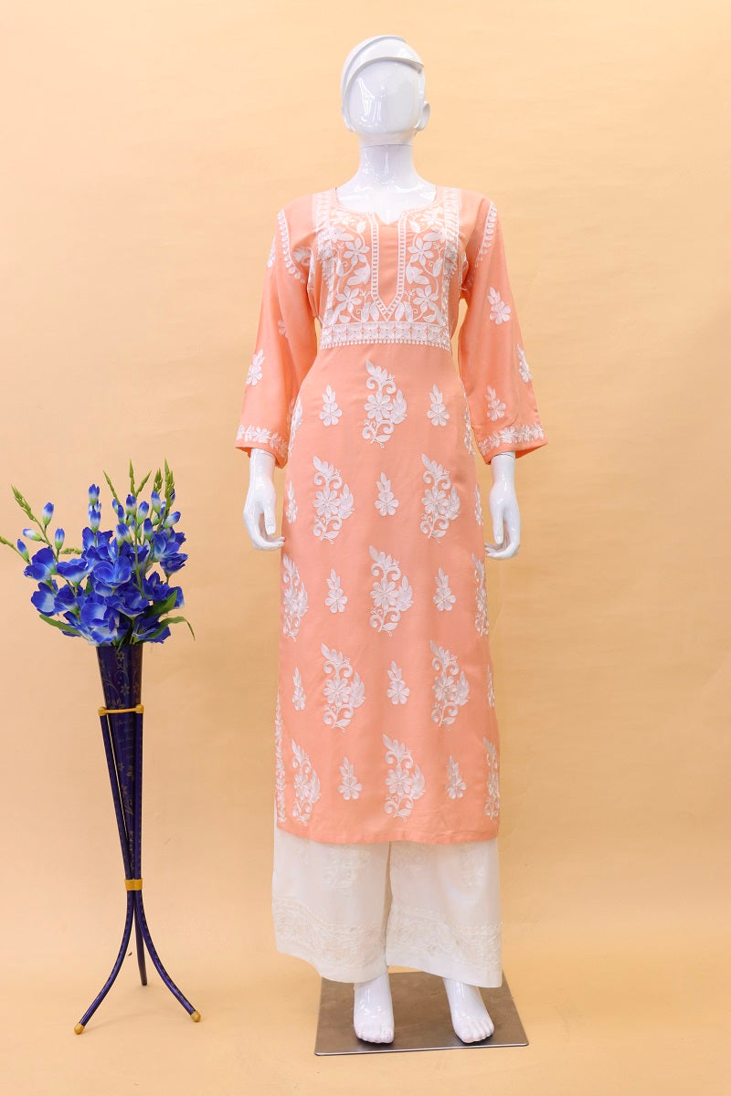 Ready-to-Wear Chain Stitch Work Kurta Top Set with Rayon Cotton Palazzo