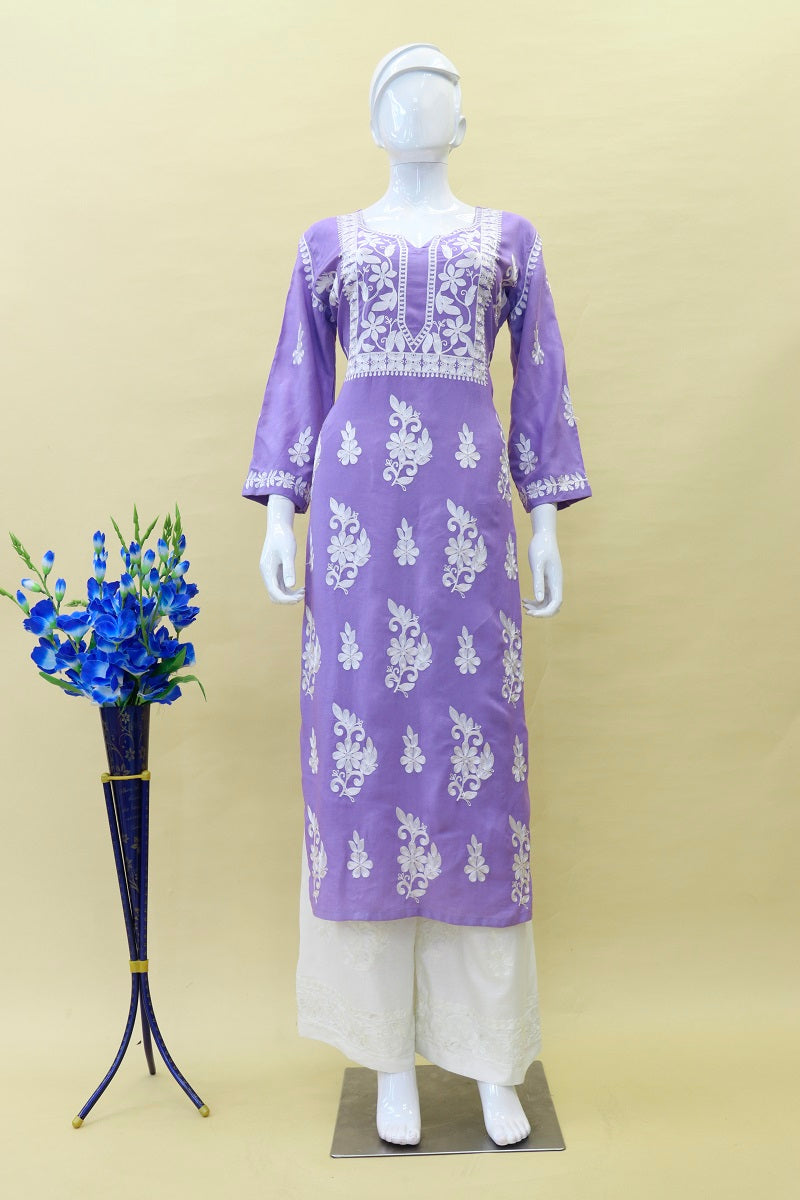 Ready-to-Wear Chain Stitch Work Kurta Top Set with Rayon Cotton Palazzo