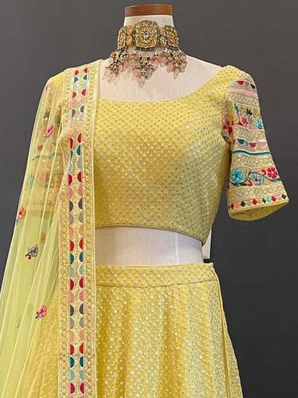 Haldi Special Faux GeorgetteEmbroidered Multi Thread Work Yellow Lehenga For Bride