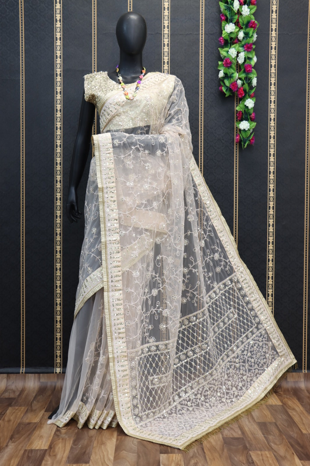 Bollywood Style Premium Designer Sequence Dori Work With Embroidery Zari Work Nylon Soft Net Saree Set With BAnglory Silk Beautiful Blouse