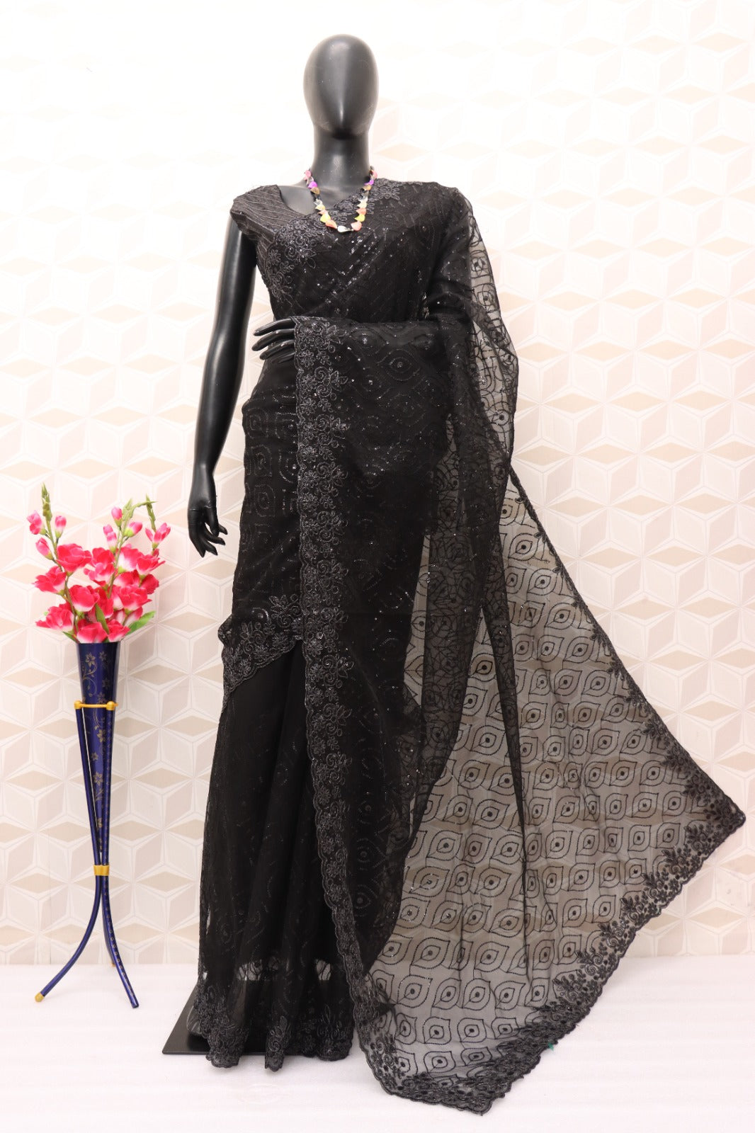 Black Net Saree Indian Ethnic Wedding Thread Sequins Work Bollywood Saree