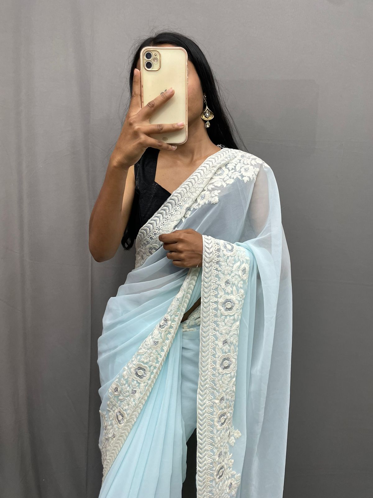 Sky Blue Fancy Heavy Georgette With Cotton Thread Embroidered Work Sky Blue Saree With Unstitched Blouse