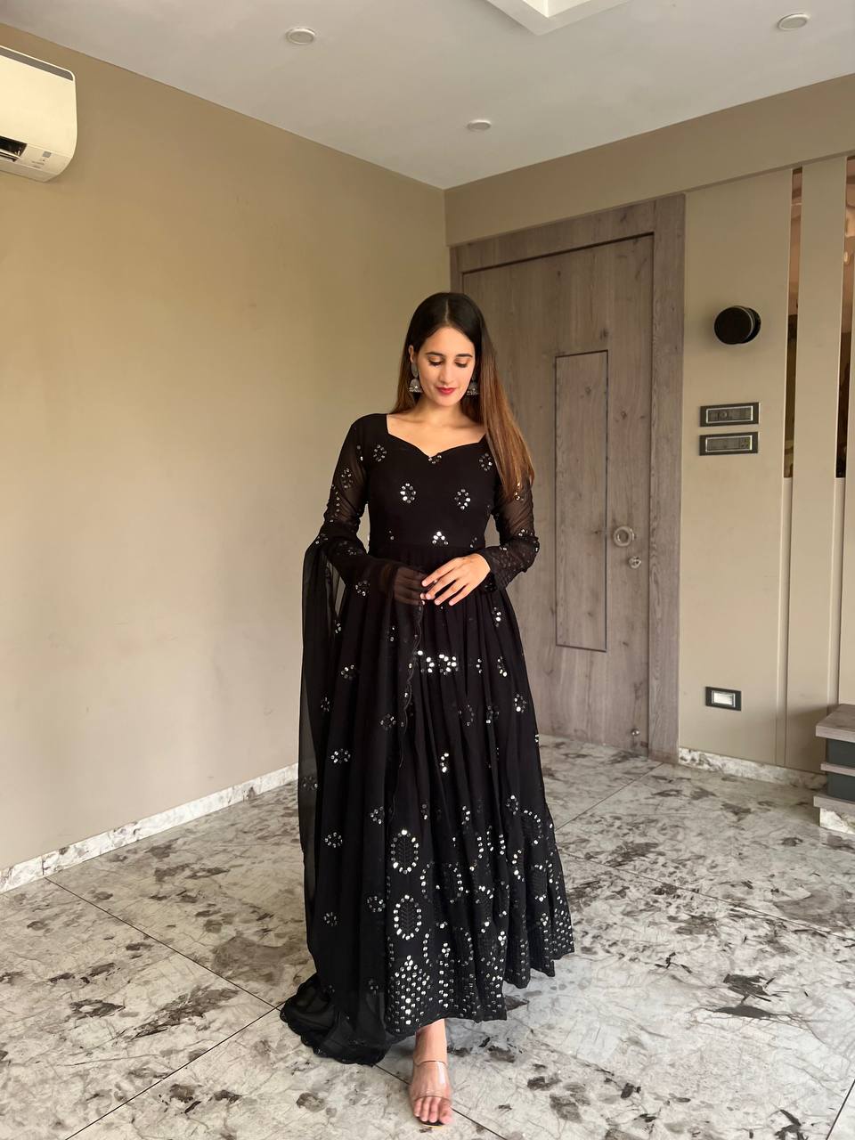 Premium Georgette Black Color Long Flared Embroidered work Gown Pant with Dupatta set , Fully Stitched Readymade Women Anarkali Suit