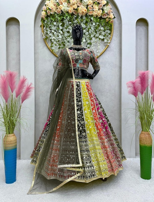 Designer Multicolor Georgette Lehenga Choli With Sequence Embroidery Work And Net Dupatta For Women Reception Wear Lehenga  Bridesmaid Lehenga