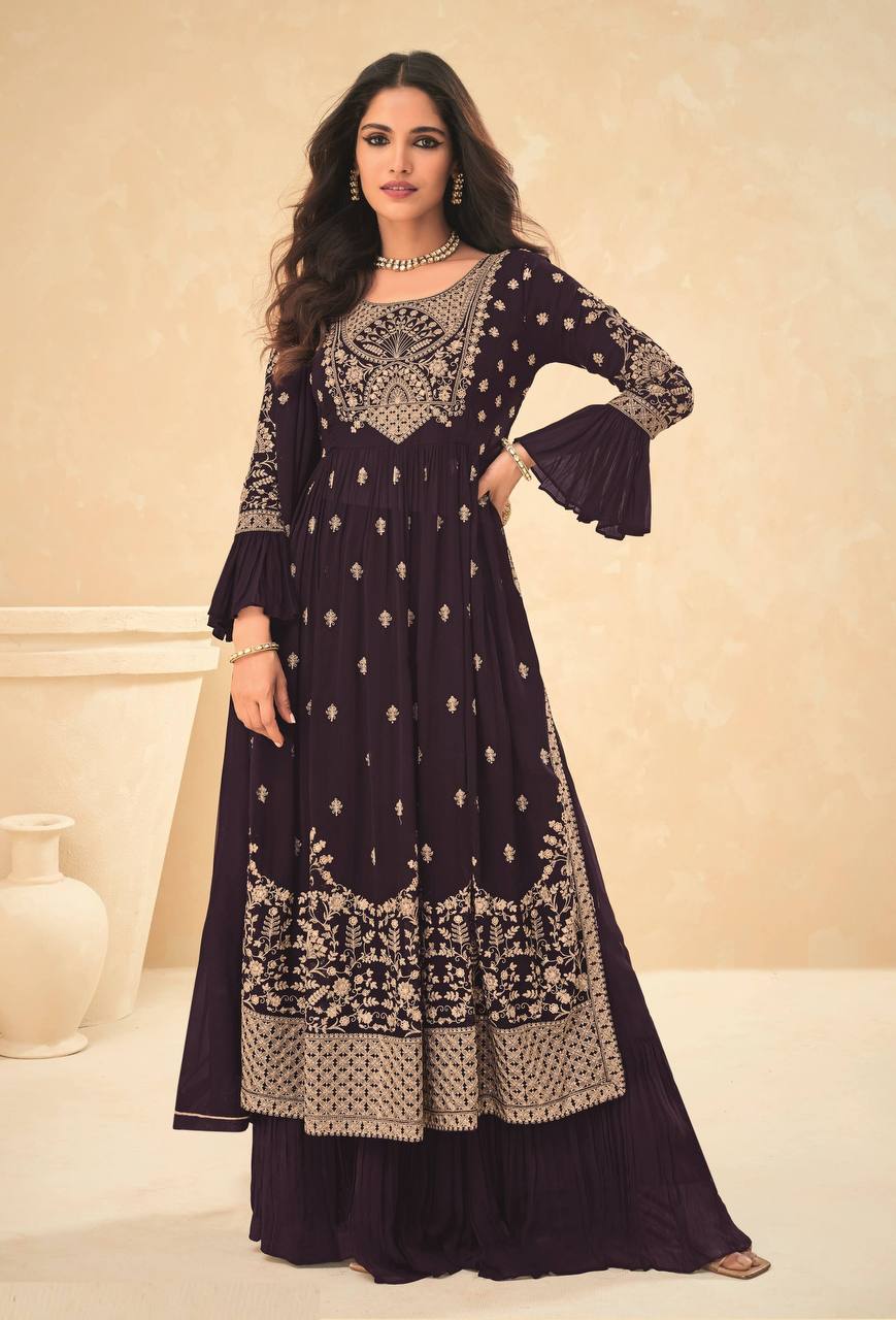 Dark Wine Designer Party Wear Georgette Gown And Georgette Dupatta With Sequence embroidery Work Anarkali Gown Dress For Women