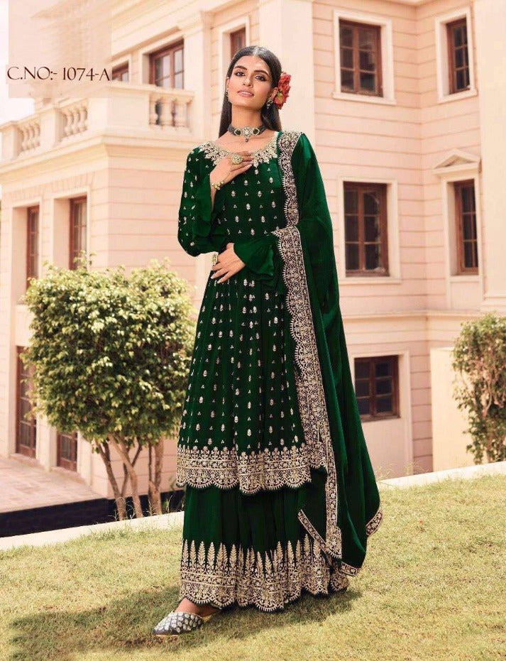 Women's Green  Faux Georgette Semi Stitched Top With Stitched Bottom and Dupatta Embroidered Flared Top Dress Material