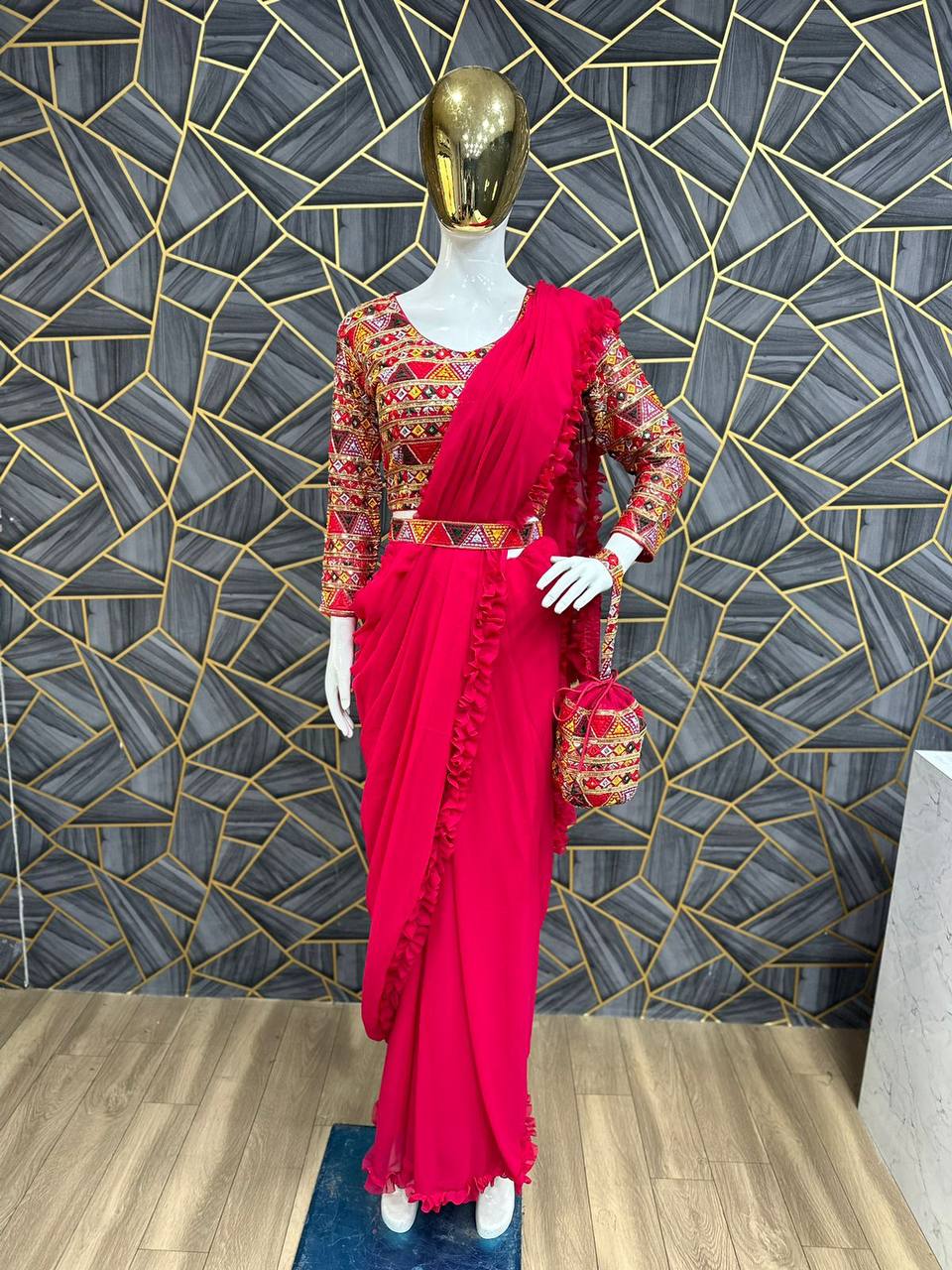 Red Frill Ready To Wear Saree with Tradition Designer Stitched Blouse and Belt & Purce for Women