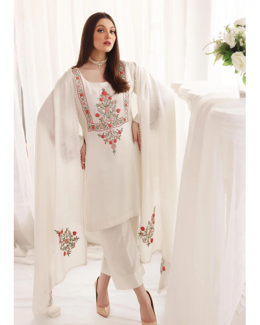 Women's White Designer Formal Wear Georgette Sequin Embroidery Work Long sleeves Kurta And Palazzos With Dupatta Set