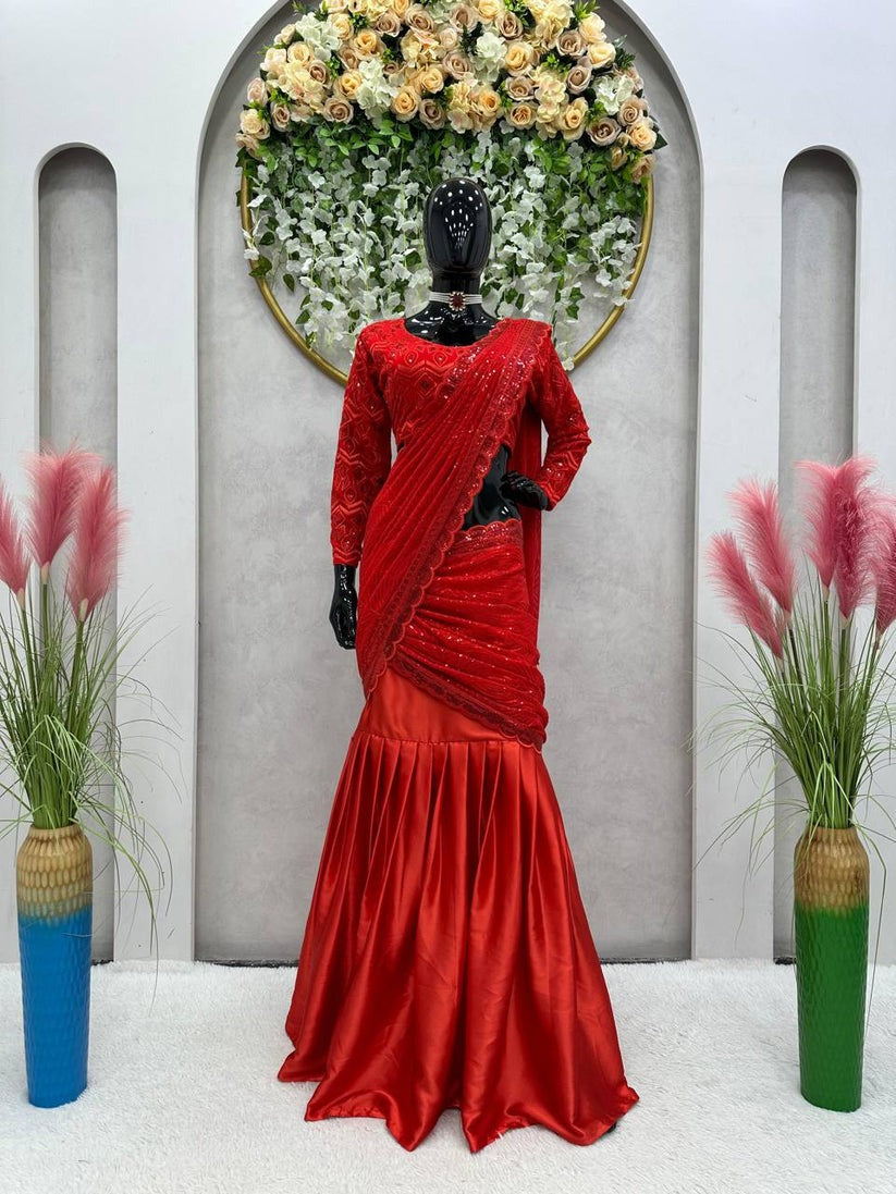 Gorgeous Red Color Ultra Satin Sequence Embroidered Work Lehenga Saree