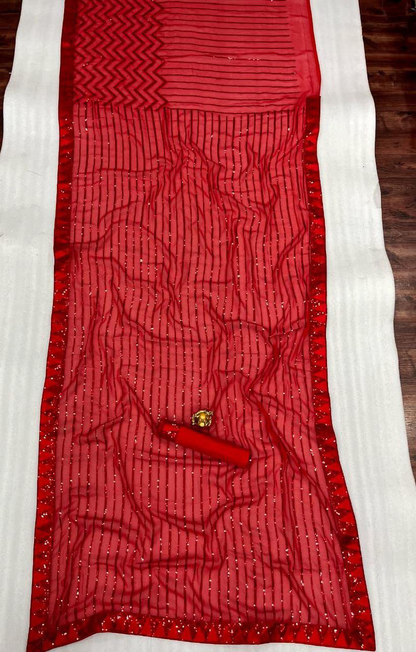 Embroidered Red Beautiful Designer Heavy Georgette Exclusive Sequanc Saree