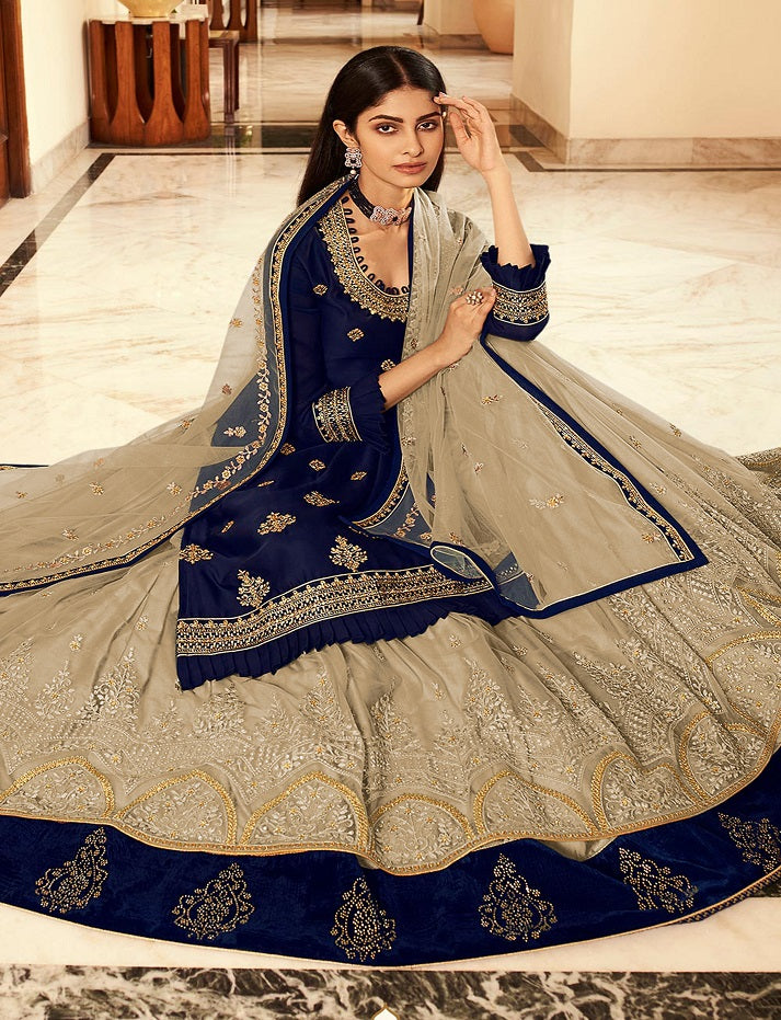 Pakistani Style Blue Satin Georgette Fabric Salwar Kameez Suits Indian Style Lehenga Dupatta Dresses