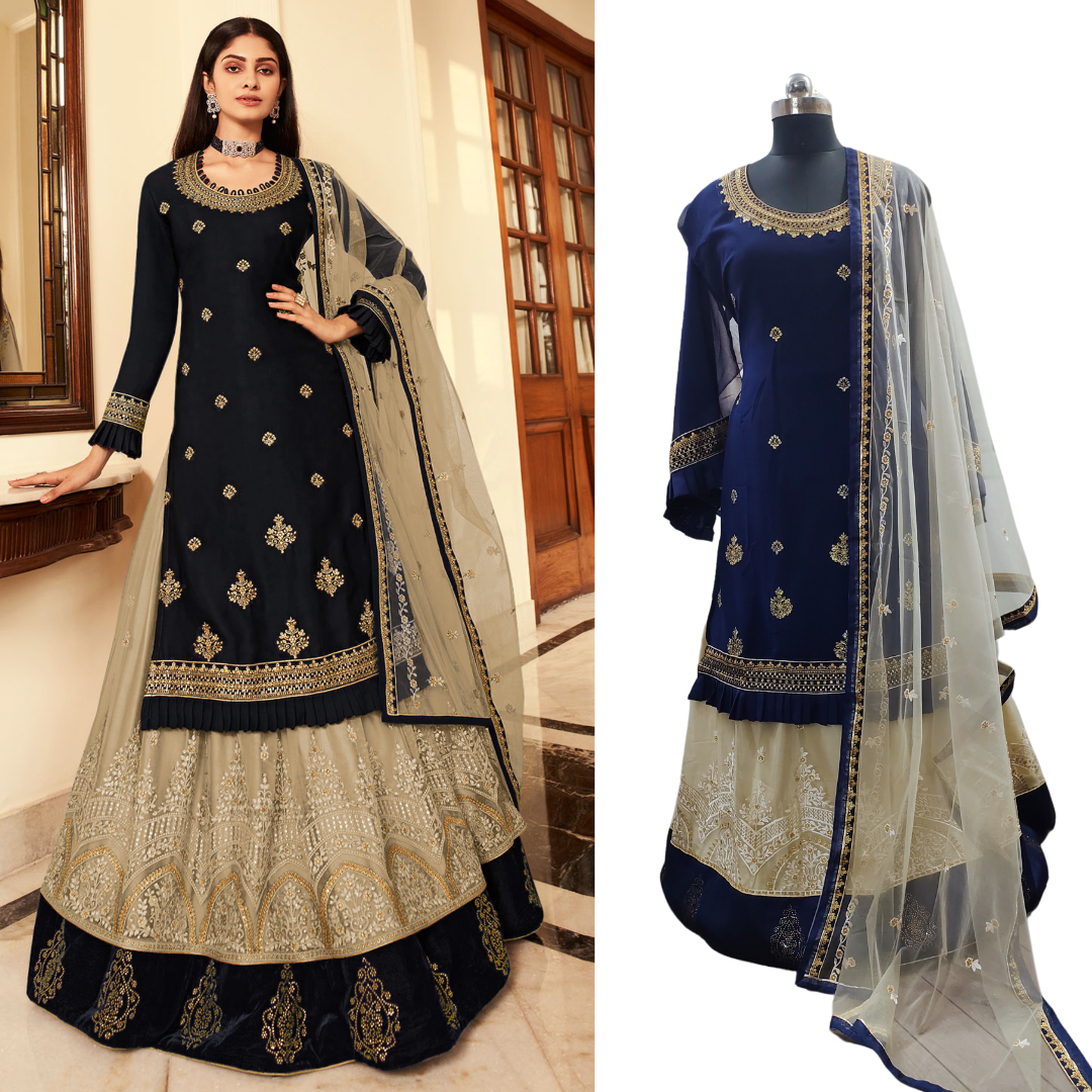 Pakistani Style Blue Satin Georgette Fabric Salwar Kameez Suits Indian Style Lehenga Dupatta Dresses