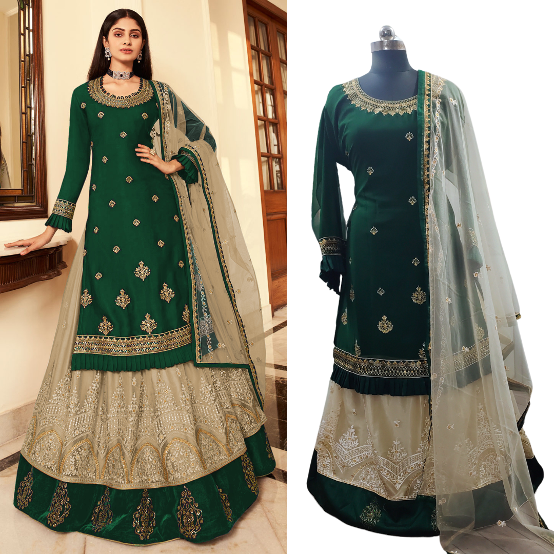 Pakistani Style Green  Satin Georgette Fabric Salwar Kameez Suits Indian Style Lehenga Dupatta Dresses